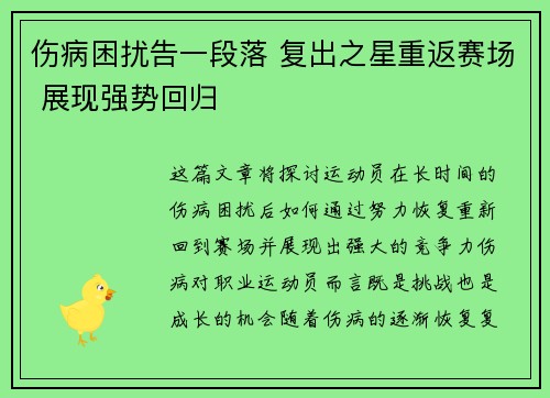 伤病困扰告一段落 复出之星重返赛场 展现强势回归
