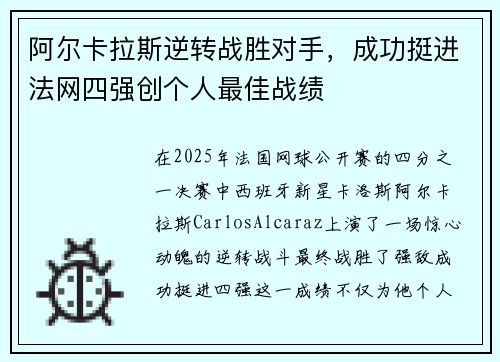 阿尔卡拉斯逆转战胜对手，成功挺进法网四强创个人最佳战绩