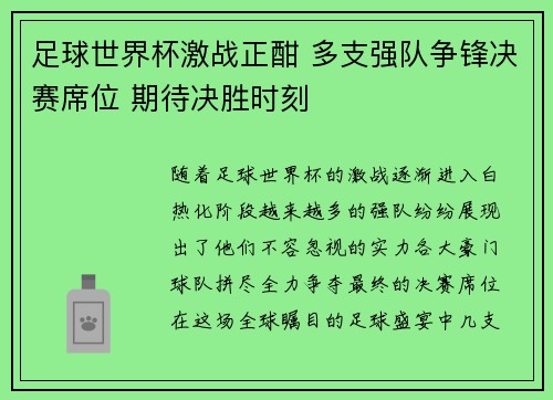 足球世界杯激战正酣 多支强队争锋决赛席位 期待决胜时刻