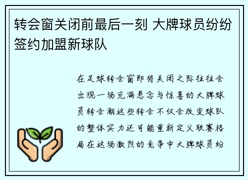 转会窗关闭前最后一刻 大牌球员纷纷签约加盟新球队