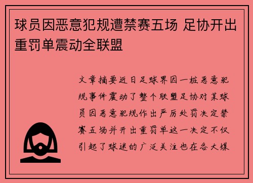 球员因恶意犯规遭禁赛五场 足协开出重罚单震动全联盟
