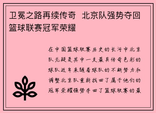 卫冕之路再续传奇  北京队强势夺回篮球联赛冠军荣耀