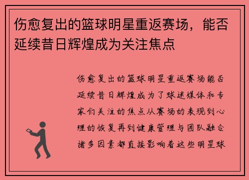 伤愈复出的篮球明星重返赛场，能否延续昔日辉煌成为关注焦点
